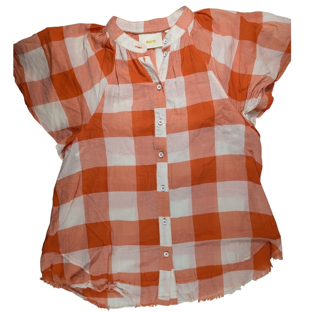 Maeve Button Down Top Women XS Orange Gingham Flutter Sleeve Frayed Hem